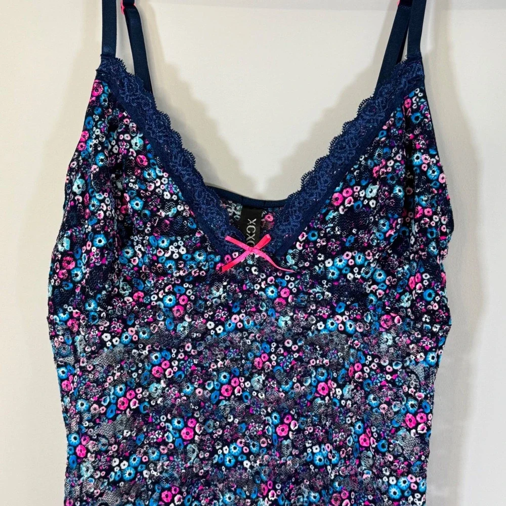 XOXO Y2K Blue Floral Print Sleeveless Lace Trim V-Neck‎ Cami Slip Mini Dress L